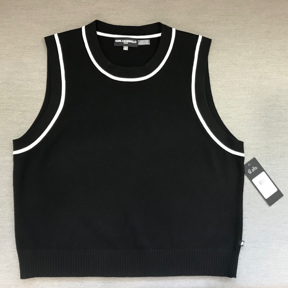 KARL LAGERFELD PARIS Women's Vest Contrast-Trim Sleeveless Sweater Size M NWT